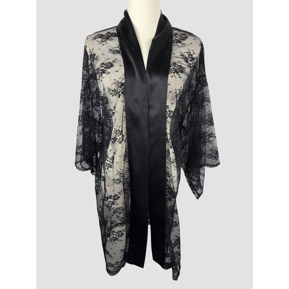 Victoria's Secret Black Lace Kimono Robe One Size Satin Trim Floral Mesh No Belt
